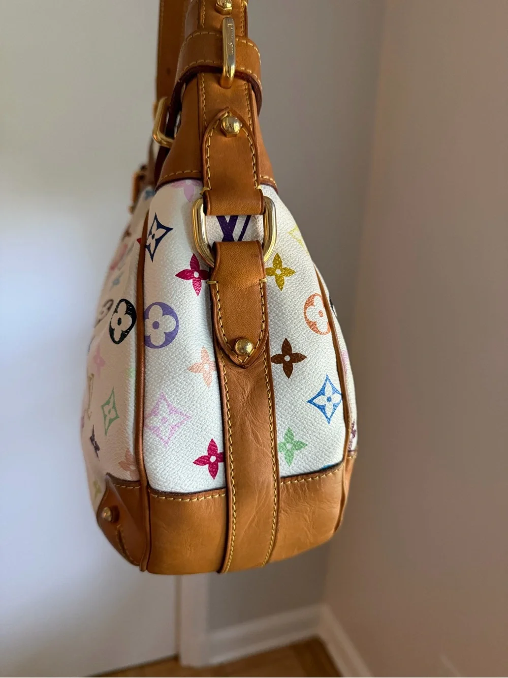 Louis Vuitton Multicolor Monogram White Canvas Shoulder Bag with Tan Trim